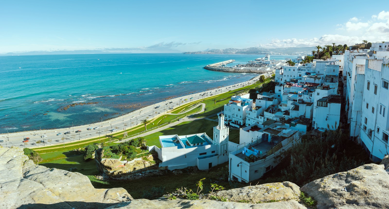 The white medina of Tangier looking out over the turquoise bay